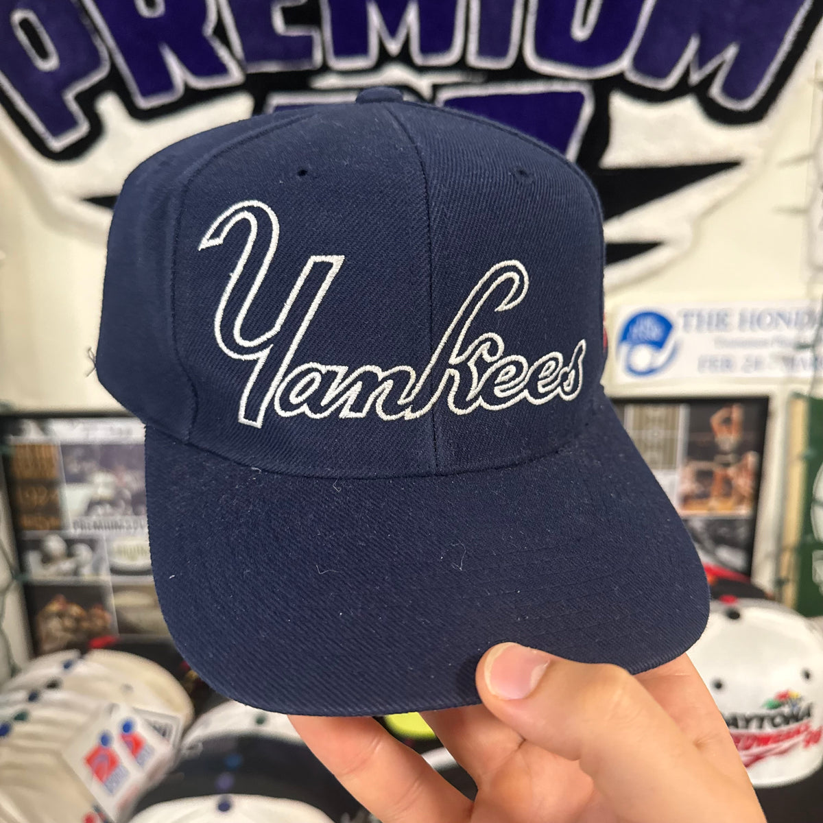 New York Yankees Large Script Spell Out Sports Specialties Fitted Hat Conversion MLB Baseball