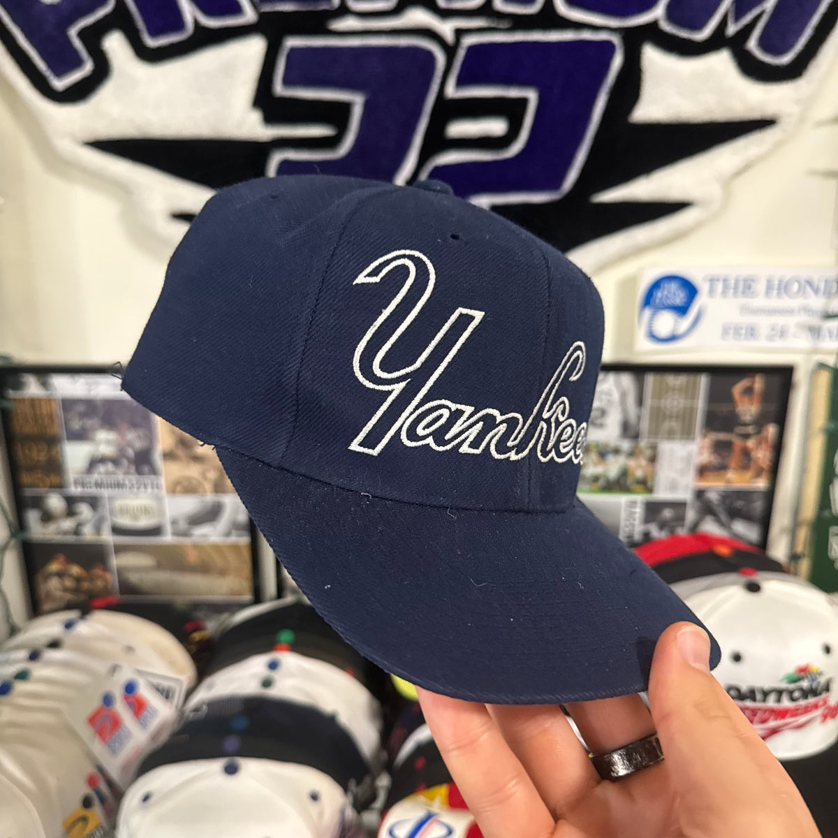 New York Yankees Large Script Spell Out Sports Specialties Fitted Hat Conversion MLB Baseball