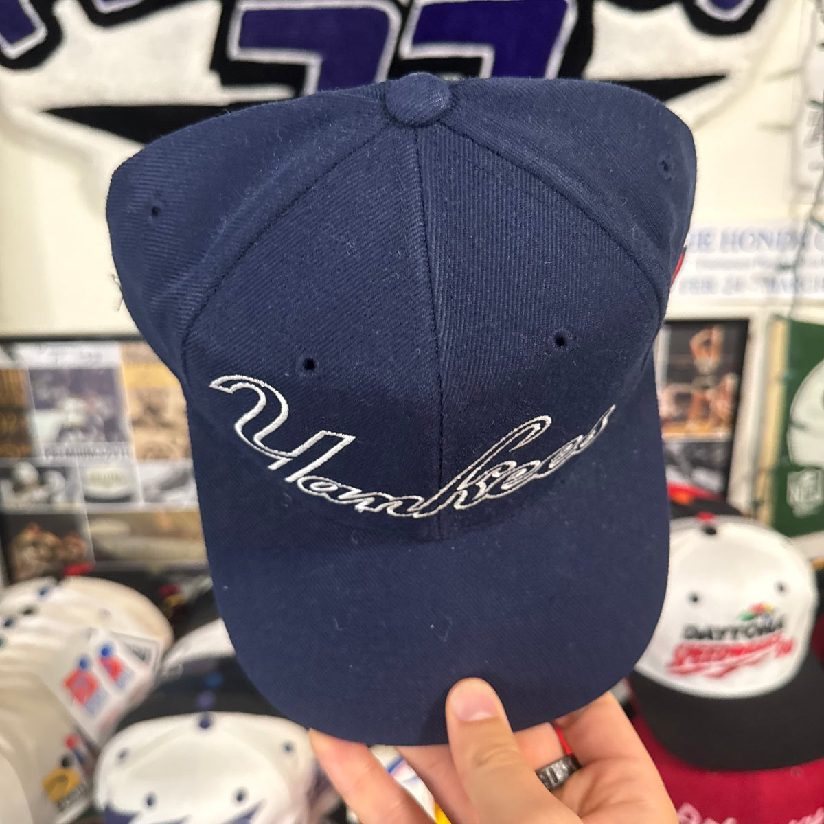 New York Yankees Large Script Spell Out Sports Specialties Fitted Hat Conversion MLB Baseball